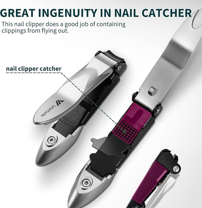 Nail Clippers with Catcher, No Splash Fingernail Toenail Clippers with Sharp Curved Blade and Glass Nail File, Wide Jaw Opening Stainless Steel Nail Cutter Trimmer for Seniors Adult Men Women
