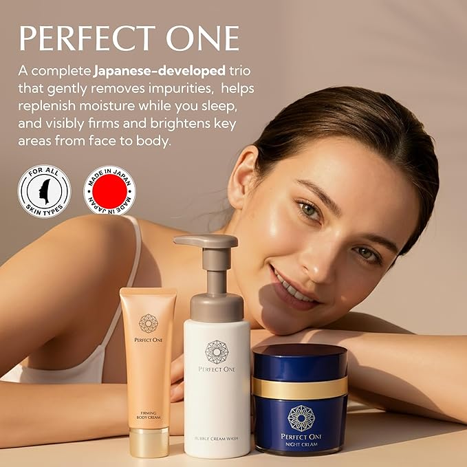 PERFECT ONE Luxury Japanese Skincare Trio Set: Night Cream, Bubble Face Wash, Body Cream | Face Moisturizing Night Cream + Facial Cleanser for Hydration, Firmness & Radiance | Bubble Cleanser Set