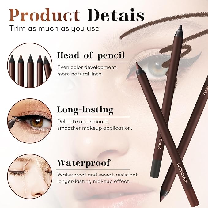 24 Hr Waterproof Eyeliner Pencil, Long Lasting Sharpenable Eye Liner, No Smudge, No Fade, Smooth Glide for Precise Eye Makeup (Black+Purple red+Chocolate)