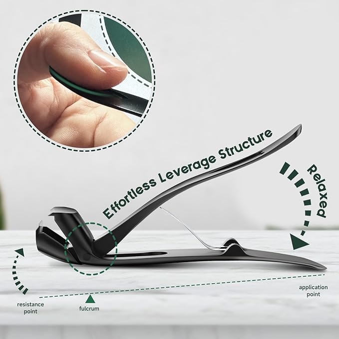 Angled Head Nail Clippers for Seniors, Ergonomic Toenail Clippers for Thick Nails with Wide Jaw Opening, Premium Steel Nail Cutter Nail Clippers with Catcher for Men and Women Black