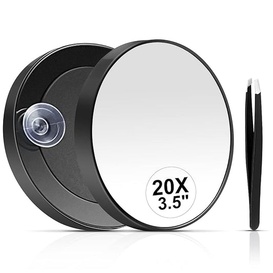 MIYADIVA 20X Magnifying Mirror, Small Travel Mirror with Suction Cup and Tweezers, 3.5 Inches