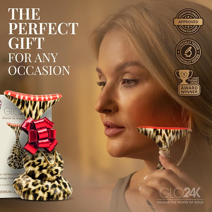GLO24K Red Light for Face and Neck Beauty Device – Triple LED Action & Vibration Technology Facial Massager and Neck Comfort Device for Women
