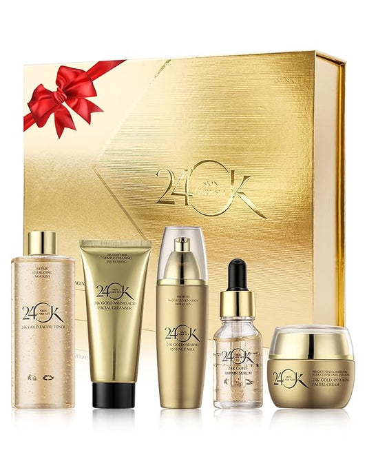 Skin Care Set,6 in 1 24K Gold Skincare Toiletries Set,Moisturizing Brighten Facial Skin Care Product Kit with Cleanser,Toner,Face Serum,Face Cream,Valentine's Women's Day Skincare Kit for Women Mom