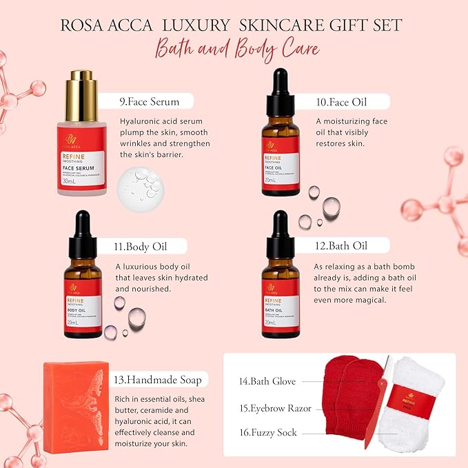 Christmas Gifts for Women, Red Rose 32 Pcs Facial Skin Care Set, Luxury Bath and Body Gifts, Spa Set & Self-Care Gifts, Lip Gloss, Face Sheet Mask, Serum, Present, Birthday, Valentines, Mother Day