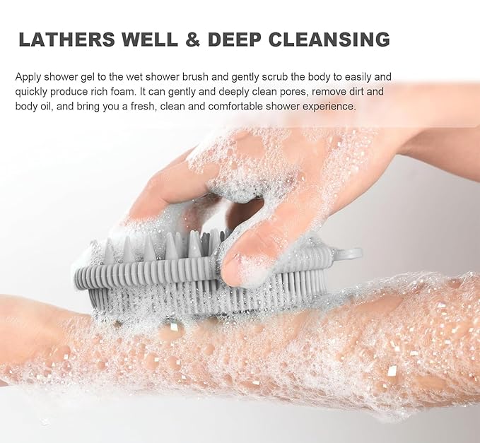 Silicone Body Scrubber Brush, 2in1 for Exfoliating Wet or Dry Skin Body Wash Bath Shower Tool, with Super Soft Manual Facial Cleansing Brush Scrubber (Grey)