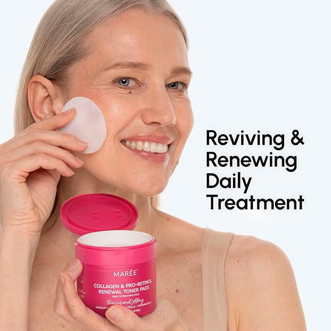 MAREE Collagen Acne Clearing Polishes - Toner Pads with Retinol - Minimizing Wrinkle Zero Pore Pads - Hydrating Toning Collagen Pad with Retinol & Centella Device - Anti Aging Brightening Wipes