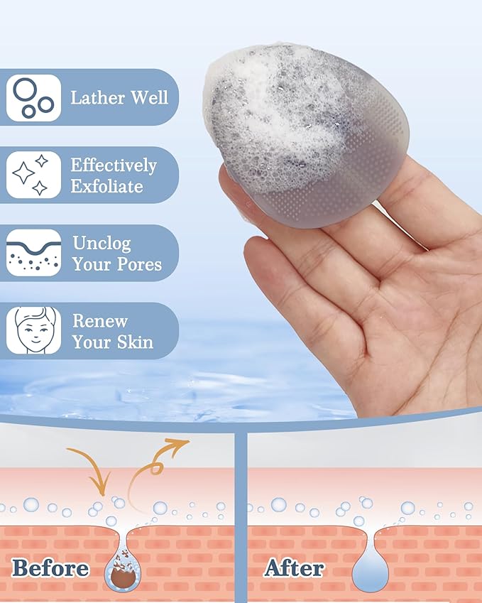 Manmihealth Silicone Back Scrubber & Soft Bath Glove Set 4 PCS(Thin Bristles), Super-Exfoliating Body Scrubber & Super-Lathering Shower Brush Combination, with 2 Free Hooks (Gray)