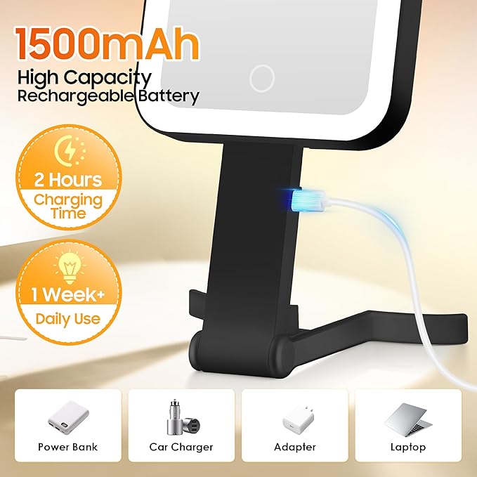 B Beauty Planet Small Travel Makeup Mirror with Lights(10" L x 5" W), Double-Sided 1X/30X Magnifying Mirror, 3 Color Lighting & Brightness Adjustable, Portable &Foldable Mirrors with Light (Black)