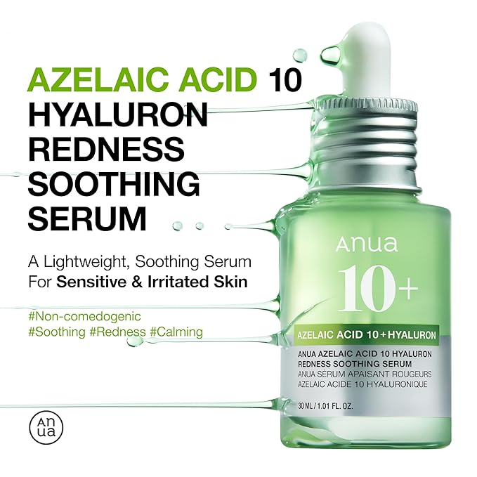 Anua Azelaic Acid 10 Hyaluron Redness Soothing Serum, Facial Serum for Blemish-Prone & Sensitive Skin, Lightweight & Hydrating Blemish Care, Hyaluronic Acid, Korean Skincare, 1.01 fl oz.