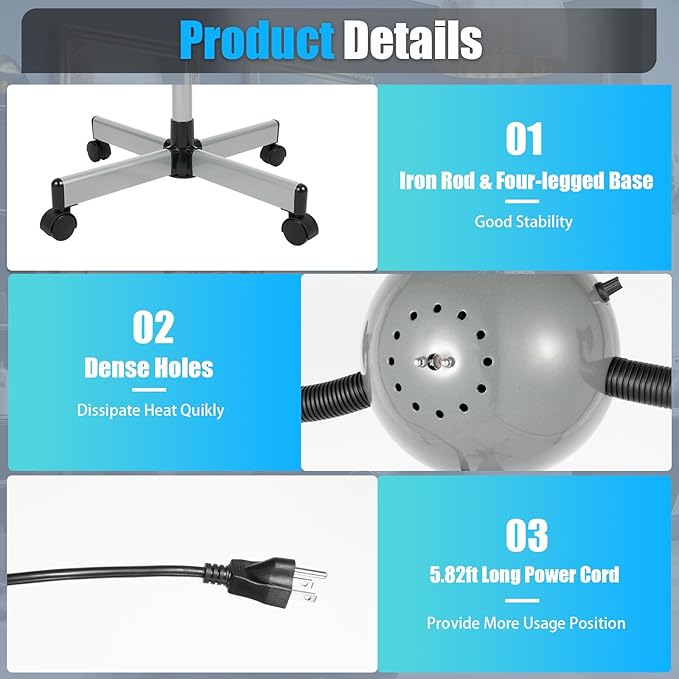 Perm Steamer, 5 Head Infrared Heater with Rolling Base - 750W Hair Drying and Perming Machine, Adjustable Height