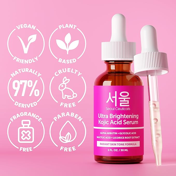 SeoulCeuticals Korean Skin Care Kojic Acid Serum Alpha Arbutin – Dark Spot Remover Corrector Glycolic Acid + Salicylic Acid K Beauty 1oz