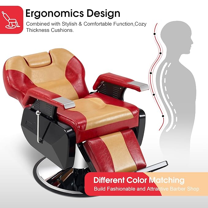 BarberPub Heavy Duty Reclining Barber Chair, All Purpose Hydraulic Salon Chairs for Hair Stylist, Barbershop Salon Tattoo 2688(Yellow&Red)