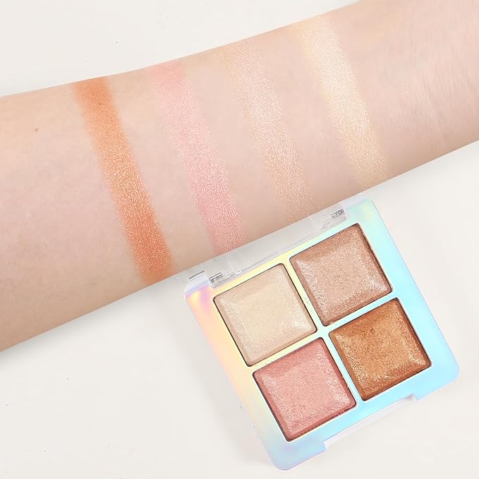 Boobeen Blush and Highlighter Palette- 4-color Metallic Shimmer Shadow Powder, Illuminator Makeup Set for Shading, Highlighting & Defining the Face