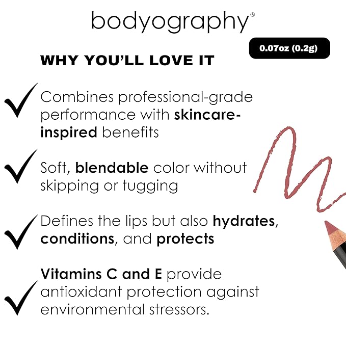 Bodyography Rosewood Lip Pencil | Wooden Lip Liner Pencil with Coconut Oil, Vitamin E & C | Long-Lasting, Matte Liner for Definition & Color | Makeup Essential for Smooth Lip Contour