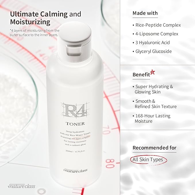 R4 Hydrating Rice Toner – Glass Skin, Toner for Face, Deep Moisturizing, Rice Water, Hyaluronic Acid, Squalane, Korean Skin Care, Fragrance Free, Sensitive Skin, 6.76 fl oz