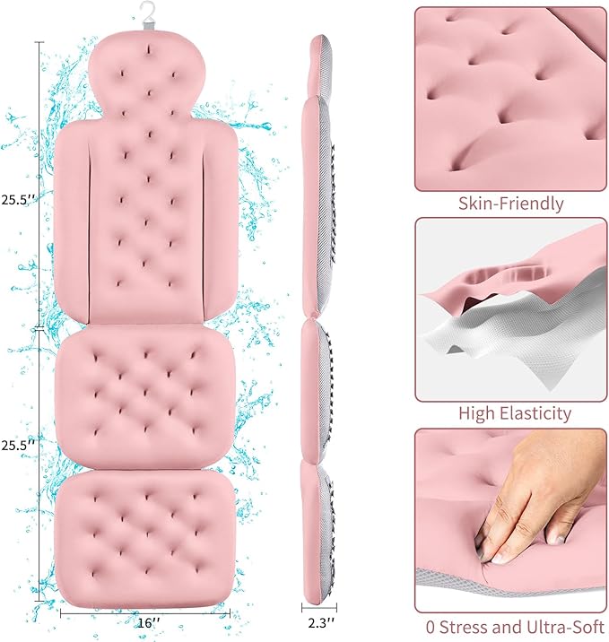 Luxury Bath Cushion, Full Body Bathtub Pillow with 160 Suction Cups, Bath Mat for Head and Neck Support, with Laundry Bag (Light Pink, 51.2" x 16.2")