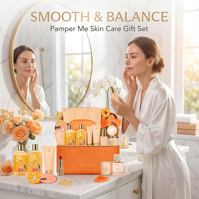 25 Pcs Valentines Day Gifts for Women, Bergamot & Rose Bath & Body Gift Set, Hydrating Skin Care Kit, Pamper Self Care Gifts, Leather Bag, Serum, Necklace, Christmas, Birthday, Mothers Day