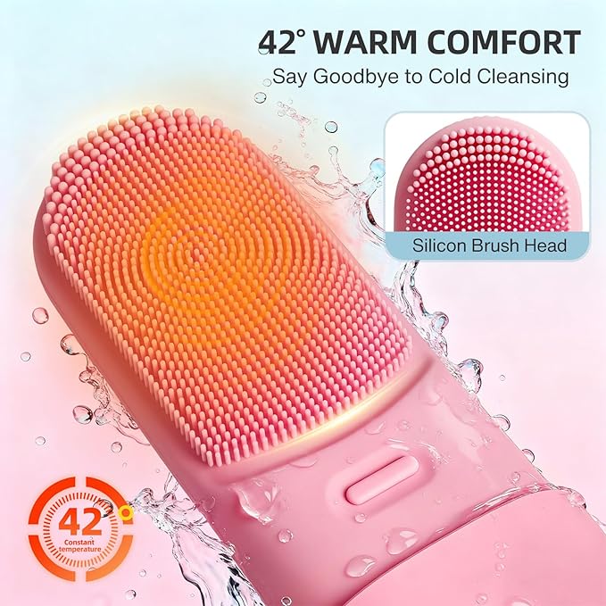 Facial Cleansing Brush,Electric Face Scrubber with Heated,3 Modes Face Scrubber,Waterproof Face Wash Brush,Rechargeable Portable Travel Size Silicone Face Scrubber for Women & Men(Pink)