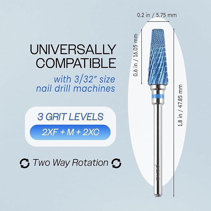 PANA 5-in-1 Pro Upgraded Multi-Function Drill Bit 3/32" Shank Size - (Blue, 2X Coarse to 2X Fine) - Mix Size Tungsten Drill Bit Fast Remove Acrylic Hard Gel Nail for Manicure Pedicure