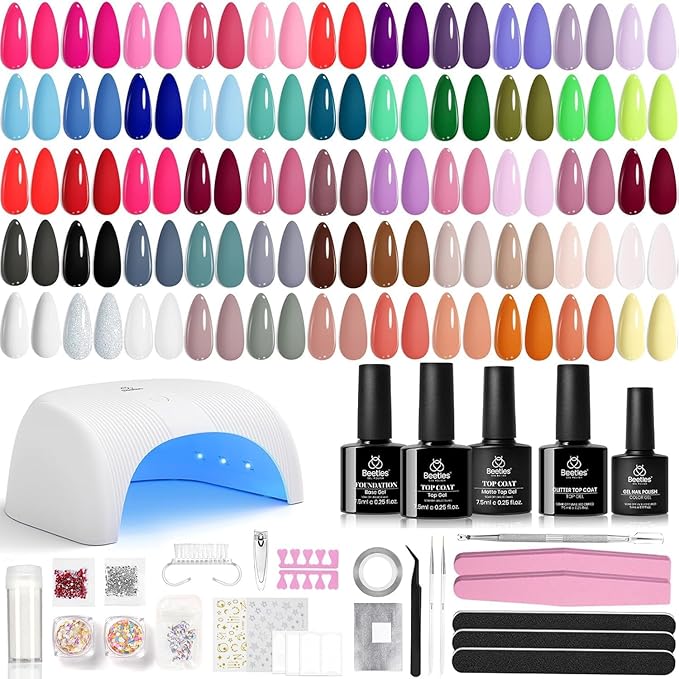 Beetles Gel Nail Polish Kit with U V Light, 55 Colors Gel Polish 81 Pcs Nail Stuff Kit for All Seasons with Base and Matte&Glossy Top Coat Color Enchantment Plus Soak Off Gifts for Women Girls Teen