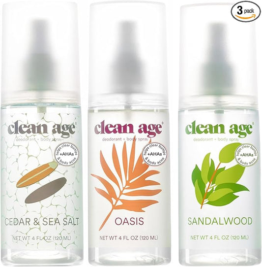 Aluminum Free Deodorant & Body Spray for Whole Body - 3 Pack 4oz ea - Cedar, Oasis and Sandalwood - Clean Deodorant and Body Spray for Teen Boys and Girls - With AHA Fights Body Acne