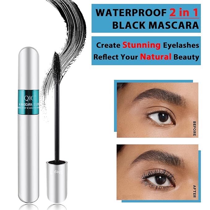 2 Pack 2 in 1 QIC Mascara, 5x Longer Washable Black Mascara, 4D Silk Fiber Lash 2 Step Mascara, No Clumping, Long-lasting Waterproof Mascara, Lash Cosmetics Beauty Eye Make up