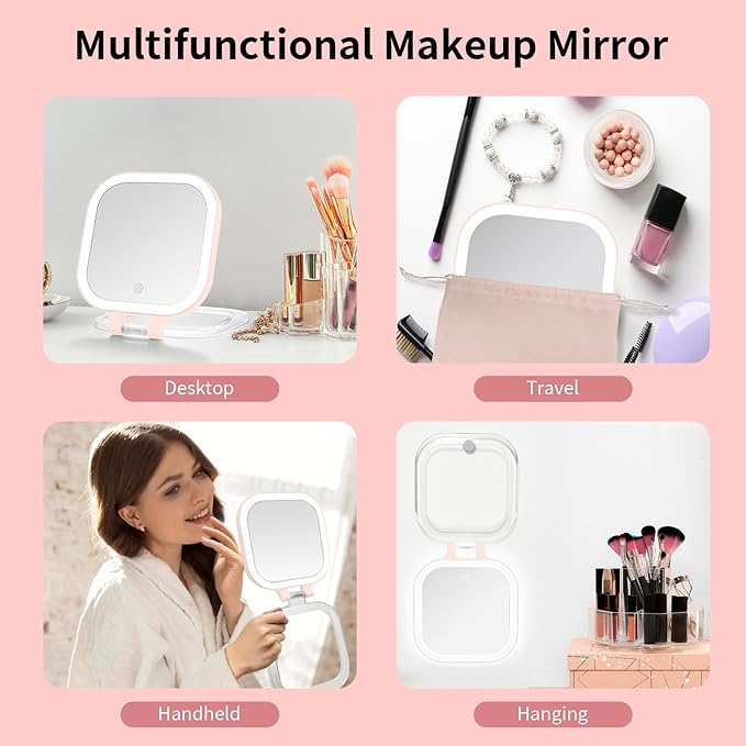 DESCHEN Rechargeable Travel Makeup Vanity Mirror with Lights and Magnification, Portable 1X/10X Magnifying Mirror with 3 Color Light, Lighted Makeup Mirror with Magnification, Folding LED Desk - Pink