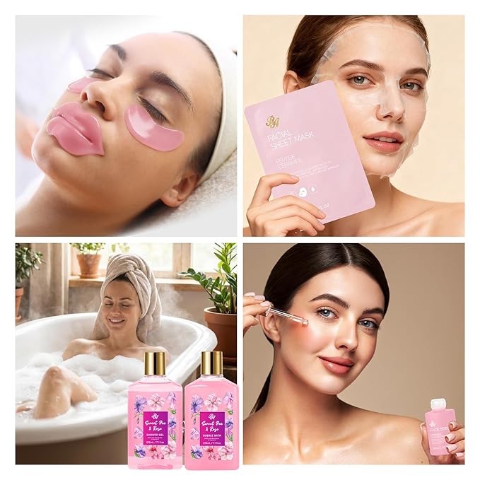 25 Pcs Valentines Day Gifts for Women, Luxury Rose Bath & Body Gift Set, Hydrating Skin Care Kit, Self Care Gifts, Cosmetic Bag, Necklace, Christmas, Birthday, Mothers Day, Anniversary