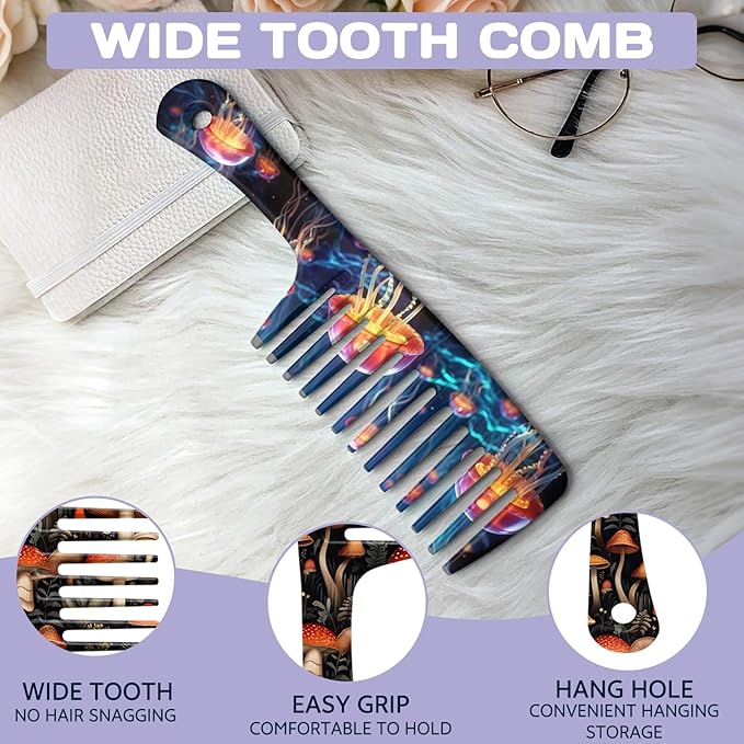 2PCS Wide Tooth Comb,Effortless Tangle Removal for Long Hair Styling Comb for Curly,Wet,Cute Aesthetic Design for Women Men and Girls(Blue-Jellyfish Mushroom-17)