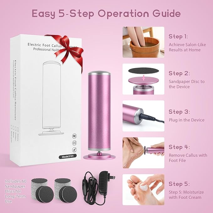 Electric Foot Callus Remover with 60pcs Sandpaper Discs, 4.8IN Aluminum Foot File for Dead Skin and Cracked Heels, 800RPM Professional Pedicure Tool for Home Spa Use