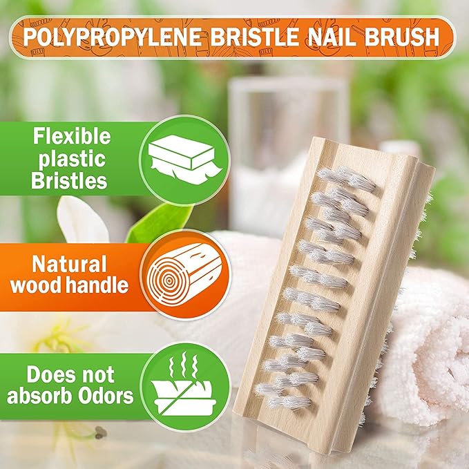 Konex Non-Slip Wooden Two-sided Hand and Nail Brush - Stiff Bristle Fingernail Brushes for Cleaning Under Nails - Heavy Duty Fingernail Brush for Manicure and Automotive Use - 2 Pack