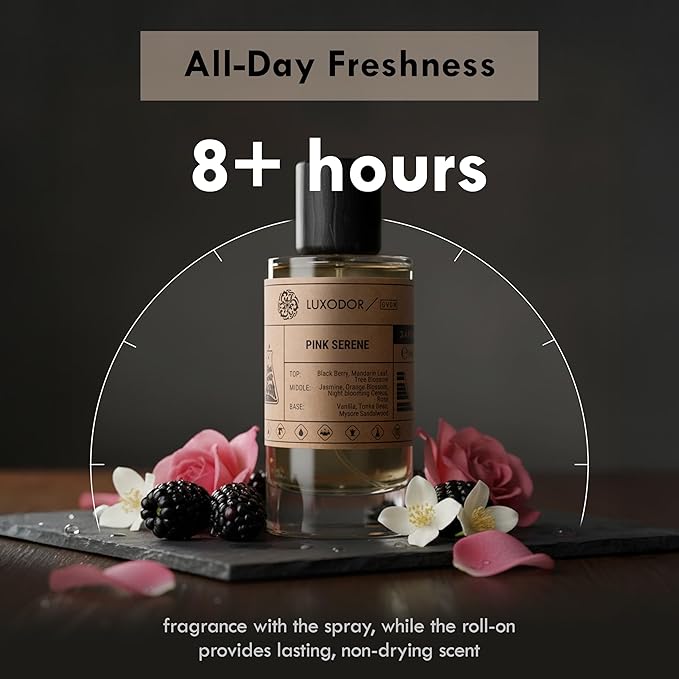 Pink Serene Perfume for Women, Inspired by D.ior's Addict, 2-Piece Combo of 100 ml Fragrance Spray Bottle and 10 ml Alcohol-Free Roll-On Perfume Oil, Vegan, Paraben-Free Cologne