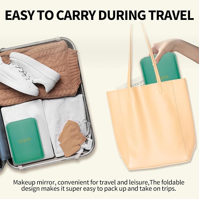 Foldable Travel Makeup Mirror, Adjustable Angle Portable Standing Vanity Mirror, Compact PU Leather Design for Home/Camping/Desktop Use, Fresh Green (8.4"x6")