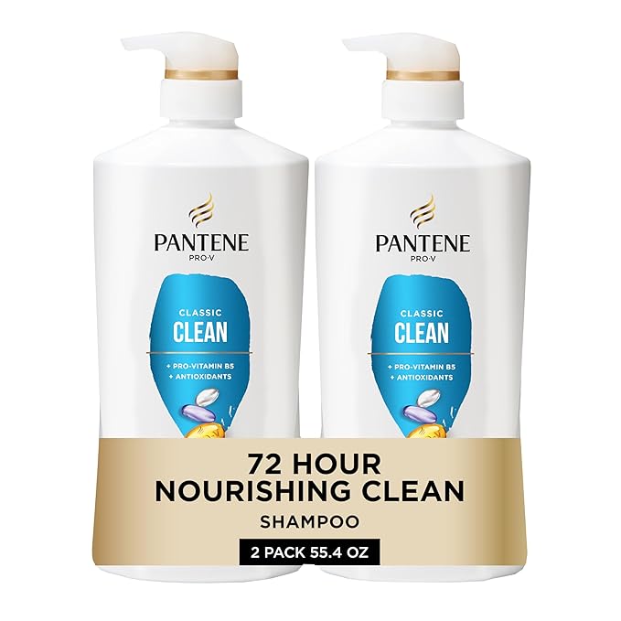 Pantene Shampoo, Classic Clean - Pro-V Nutrients for Dry, Color-Treated Hair, Healthy Looking Hair Every Wash, Antioxidant-Rich, 27.7 Oz Each, 2-Pack + Miracle Rescue Shot (0.5 Oz)