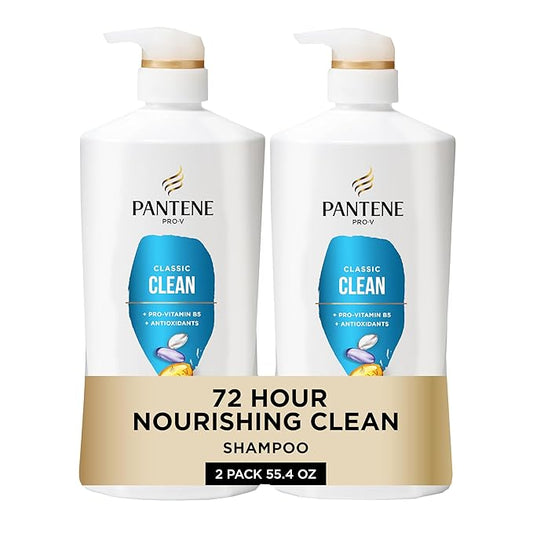 Pantene Shampoo, Classic Clean - Pro-V Nutrients for Dry, Color-Treated Hair, Healthy Looking Hair Every Wash, Antioxidant-Rich, 27.7 Oz Each, 2-Pack + Miracle Rescue Shot (0.5 Oz)