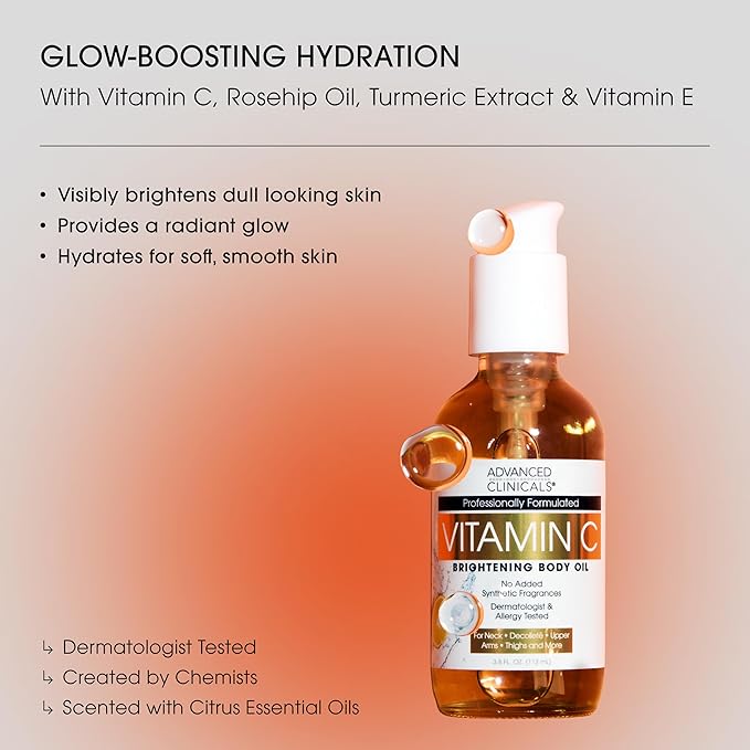 Advanced Clinicals Collagen Body Oil + Vitamin C Brightening Body Oil Moisturizer 2pc Skincare Set - Nourishing, Brightening, & Firming Massage Oil To Improve Look Of Crepe Skin + Dark Spots, 2PC Set