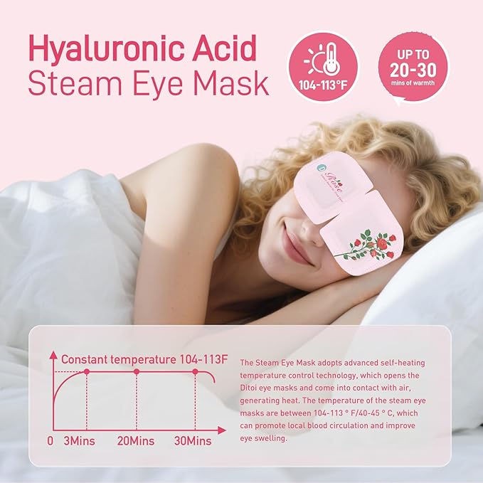 Ditoi Steam Eye Mask, Heated Eye Mask for Sleep,Warm Compress with Hyaluronic Acid,Moist Heat for Dry Eye Relief,Spa,Stye Eye Treatment,Travel Essentials & Relaxation Gifts,Rose 20 Packs