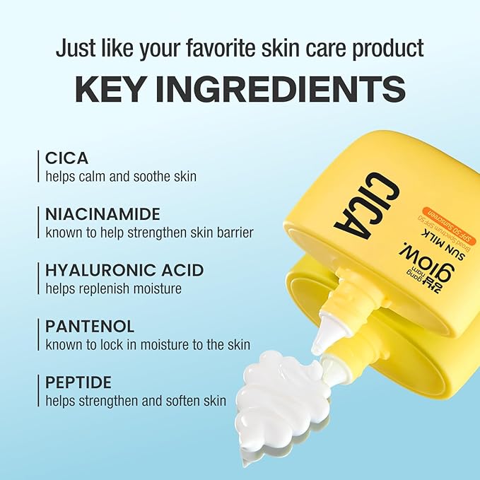 CICA SUN MILK, Moisturizer with SPF 50, Invisible Broad Spectrum Sunscreen for Face, No White Cast, Sun Protection with Cica and Niacinamide, Glow Natural Korean Sunscreen 1.69 fl.oz