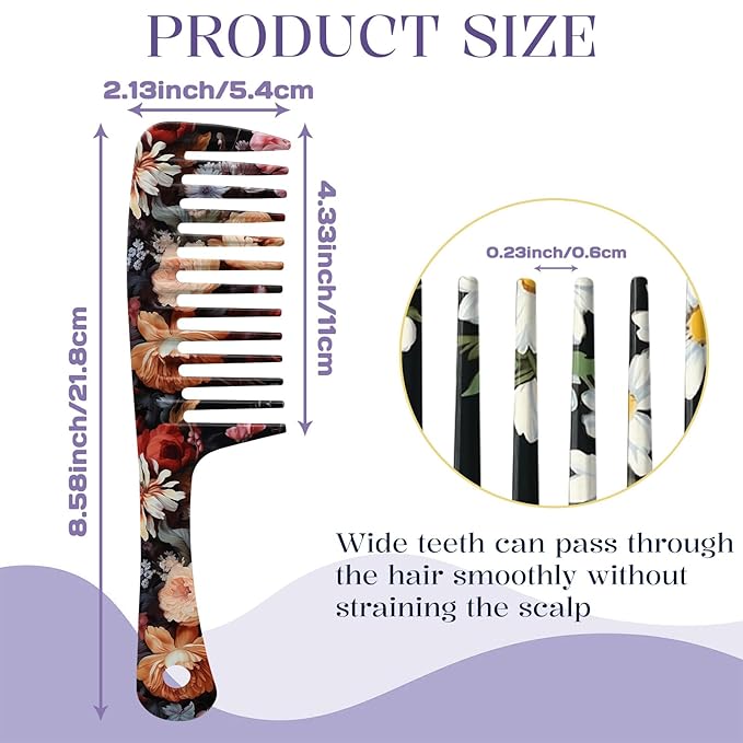 2PCS Wide Tooth Comb,Effortless Tangle Removal for Long Hair Styling Comb for Curly,Wet,Cute Aesthetic Design for Women Men and Girls(Black-Flowers-13)