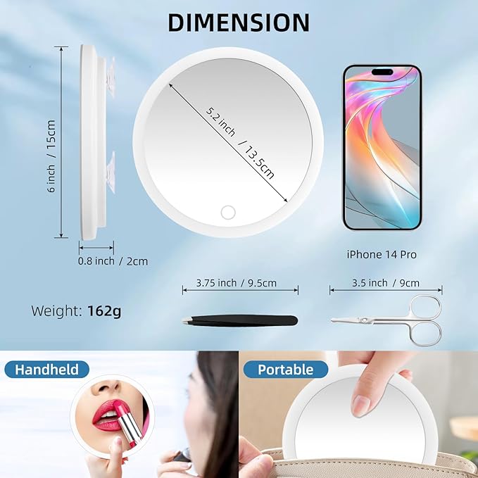 Magnifying Mirror with Light 20x, Large 6'' Lighted Suction Magnified Mirror, 3 Color Modes Dimming High Magnification Travel Makeup Mirror, Rechargeable Battery, with Tweezers & Scissors