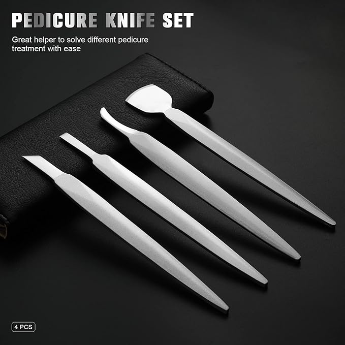 FERYES Pedicure Knife Ingrown Toenail Kit, 4 PCS Professional Pedicure Tool Kit, Top Notch Foot Blade (Leather case included)