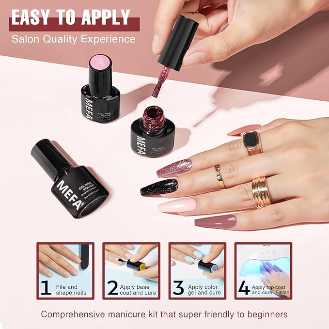 MEFA 35 Pcs Gel Nail Polish Set, 32 Colors All Seasons Collection Gel Nail Polish Kit with Base Coat No Wipe Glossy/Matte Top Coat Blue Red Pink Nail Art Manicure DIY Salon Home Gifts for Women Girls