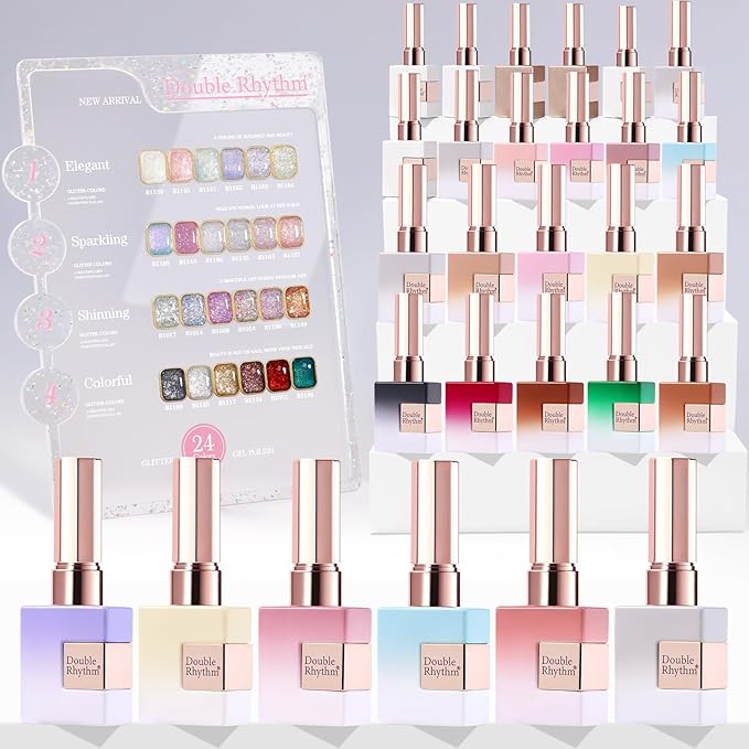 Double Rhythm 28Pcs 0.5Oz Glitter Gel Nail Polish Set Same Color Same Bottle Soak Off Kit Nail Art Manicure Salon DIY at Home (Sparkle Pearl Shimmer Collection-T24-9)