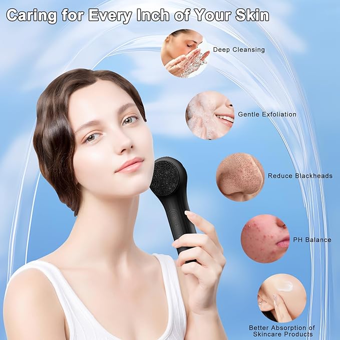 Silicone Face Scrubber Exfoliator, Silicone Face Wash Brush for Men & Women, Ipx7 Waterproof Rechargeable Facial Cleaner for Deep Cleansing, Exfoliating, Massage Face Scrubber (Black)