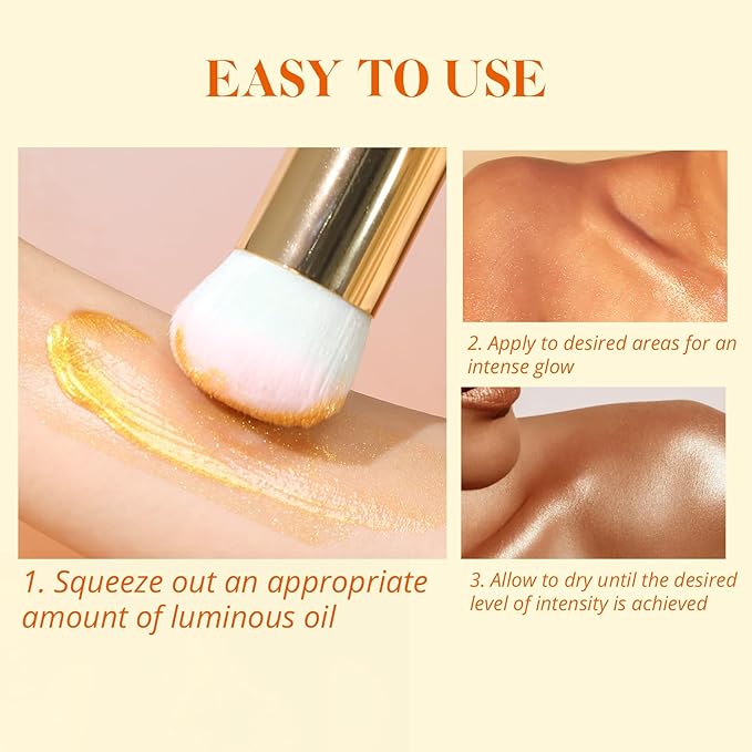 Liyalan Shimmer Body Oil 5 Color Options 1.0 fl.oz Face Glow Pearl Highlighter Illuminator Long-Lasting Shine Glitter Liquid Tanning with Makeup Brush Included (#01 Silver)