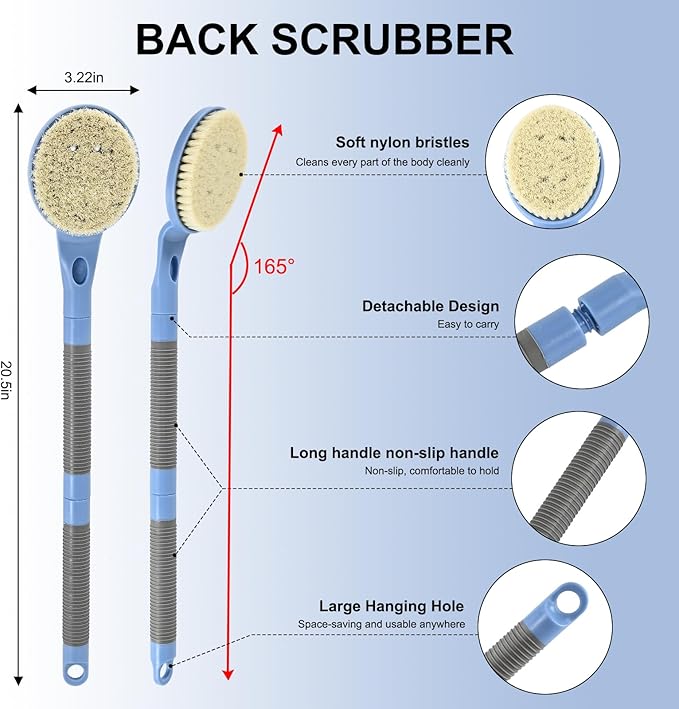 Back Scrubber Anti Slip for Shower, 21.7” Detachable Back Bath Brush for Shower, Back Scrubber, Exfoliation and Improved Skin Health for Elderly with Limited Arm Movement, Disabled (21.7” Blue)