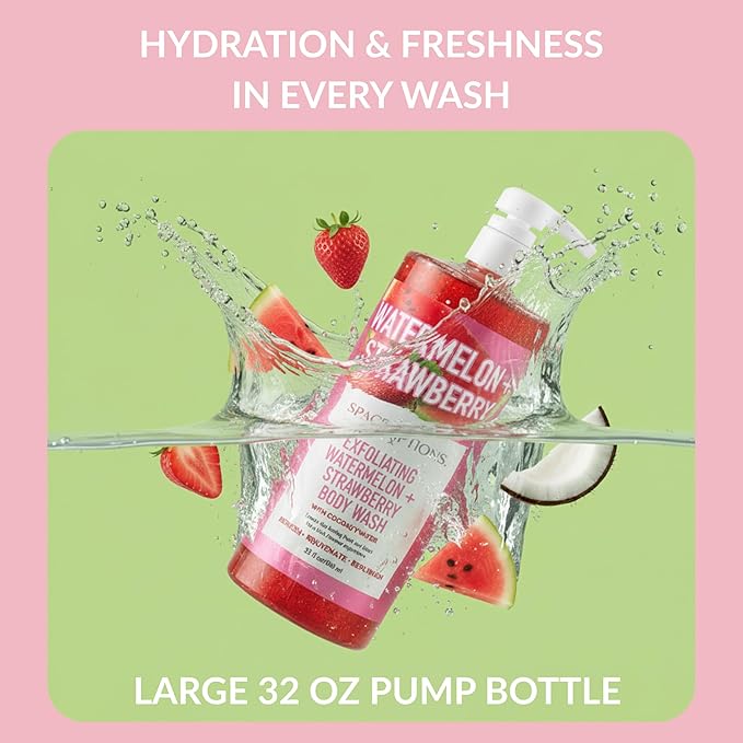 SpaScriptions Watermelon & Strawberry Exfoliating Body Wash - 32 fl oz Scented Natural Daily Cleanse Body Scrub Gel with Moisturizing Coconut Water for Smooth Radiant Refreshing Skin, Paraben Free