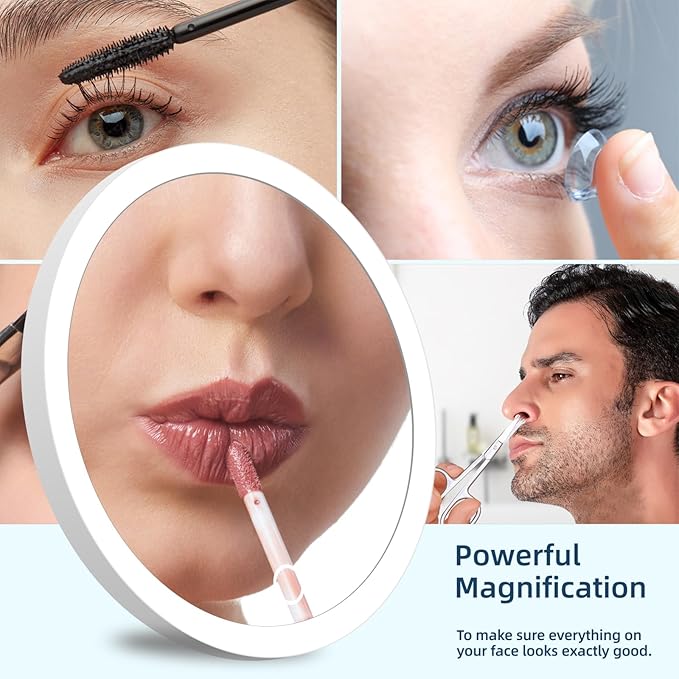 Magnifying Mirror with Light 10x, Large 6'' Lighted Suction Magnified Mirror, 3 Color Modes Dimming High Magnification Travel Makeup Mirror, Rechargeable Battery, with Tweezers & Scissors