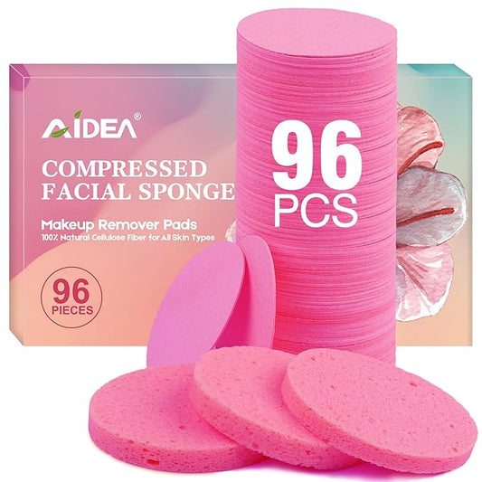 AIDEA 96Count Compressed Facial Sponges Pink, Round Face Sponges for Cleansing, Natural Cellulose Cosmetic Spa Sponges for Washing Face, Exfoliating, Makeup Removal, Travel Essentials for Women