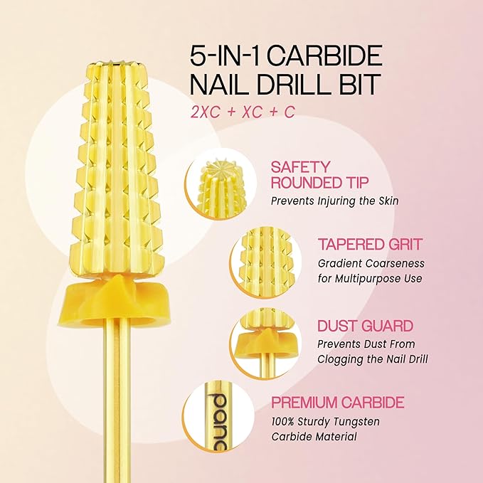 PANA 3/32" Shank 5-in-1 Nail Carbide Bit - (Triple Coarse - 2X Coarse Grit, Gold) - Two Way Rotate use for Both Left and Right Handed Fast remove Acrylic or Hard Gel Machine